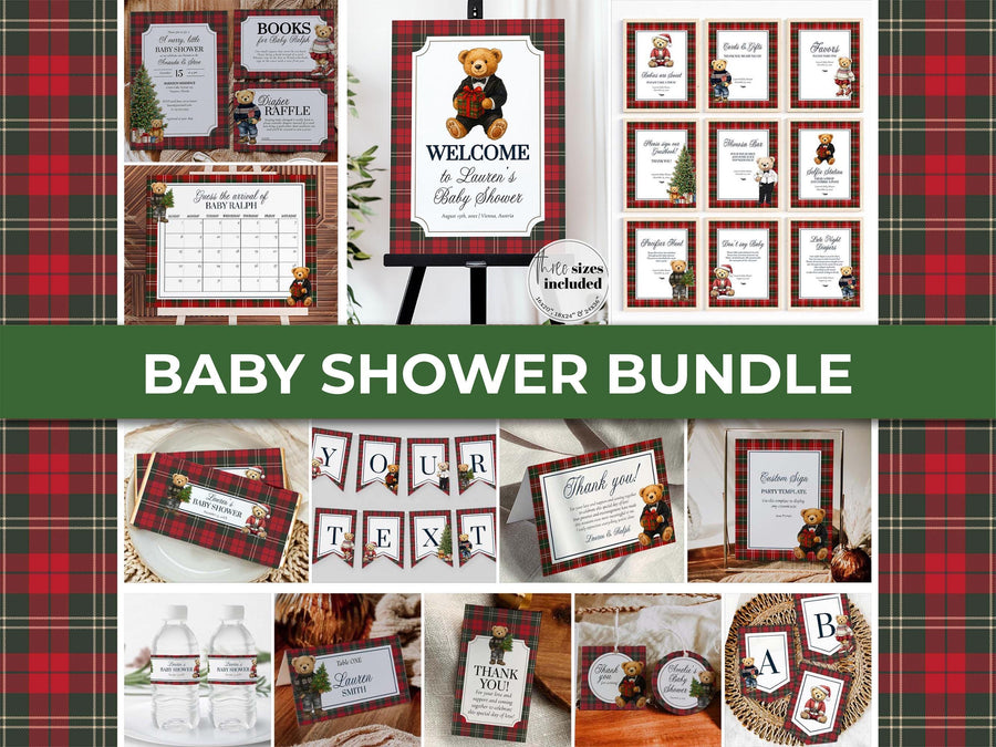 Luxury Christmas Teddy Bear Baby Shower Bundle, Polo Plaid Invitation Set 068CH-BSBUNDLE - marryful.org
