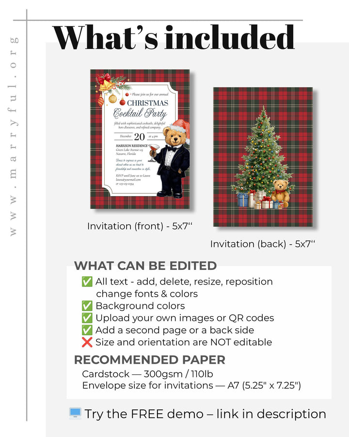 Christmas Cocktail Party Invitation Template with editable Tuxedo Bear Martini Glass Vintage Holiday Party Printable #068ch - TheLovebirdsDesign