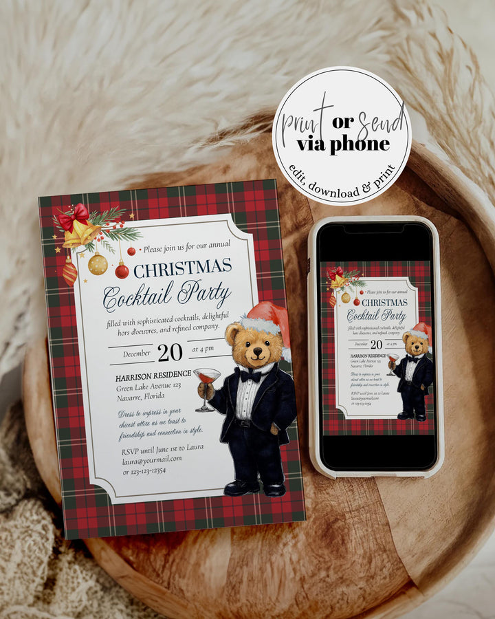 Christmas Cocktail Party Invitation Template with editable Tuxedo Bear Martini Glass Vintage Holiday Party Printable #068ch - TheLovebirdsDesign