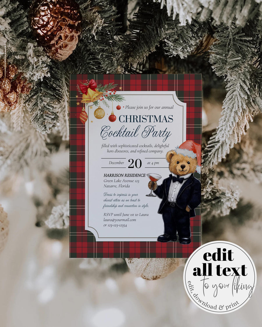 Christmas Polo Teddy Cocktail Party Invitation Template, Tuxedo Bear Winter Plaid #068ch - TheLovebirdsDesign