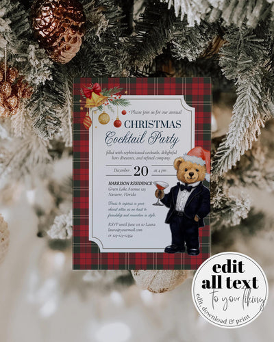 Christmas Cocktail Party Invitation Template with editable Tuxedo Bear Martini Glass Vintage Holiday Party Printable #068ch - TheLovebirdsDesign
