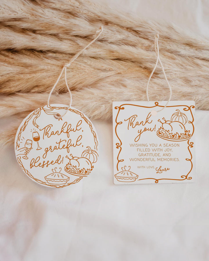 Custom Friends Thanksgiving Sticker Label and Tags Template Whimsical Handwritten Pumpkin Potluck Editable Favor Tags #070 - TheLovebirdsDesign