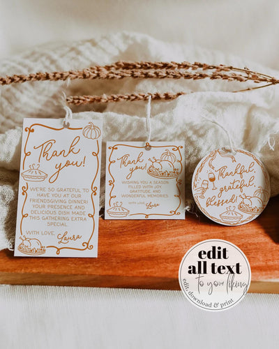 Custom Friends Thanksgiving Sticker Label and Tags Template Whimsical Handwritten Pumpkin Potluck Editable Favor Tags #070 - TheLovebirdsDesign