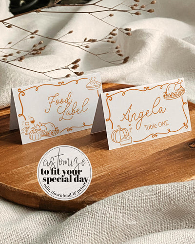Editable Friendsgiving Dinner Place Cards and Thanksgiving Food Label Template with Whimsical Handwritten Pumpkin #070 - TheLovebirdsDesign