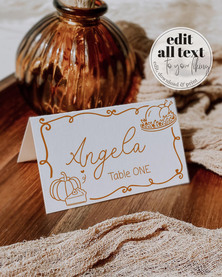 Editable Friendsgiving Dinner Place Cards and Thanksgiving Food Label Template with Whimsical Handwritten Pumpkin #070 - TheLovebirdsDesign