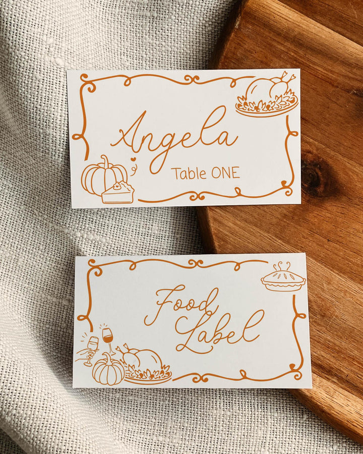 Editable Friendsgiving Dinner Place Cards and Thanksgiving Food Label Template with Whimsical Handwritten Pumpkin #070 - TheLovebirdsDesign