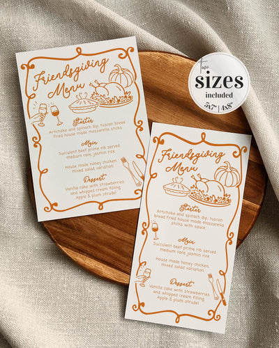 Custom Friendsgiving Dinner Menu Card Template for a Whimsical and Cozy Thanksgiving Potluck Dinner #070 - TheLovebirdsDesign