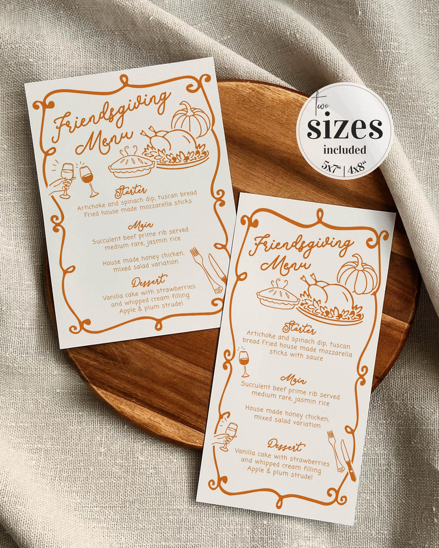 Friendsgiving Dinner Menu Card, Thanksgiving Potluck Menu Template, Editable Printable 070FR-MENU - marryful.org