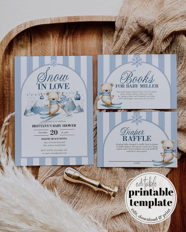 Snow in Love Baby Shower Invitation, Polar Bear Winter Theme, Blue Ski Mountains Editable Template #072 - TheLovebirdsDesign