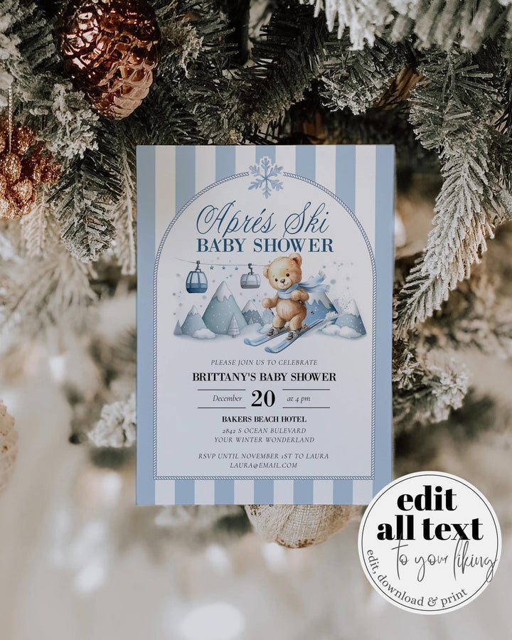 Après Ski Baby Shower Invitation, Teddy Bear on Skis, Blue Winter Mountains Editable Template #072 - TheLovebirdsDesign