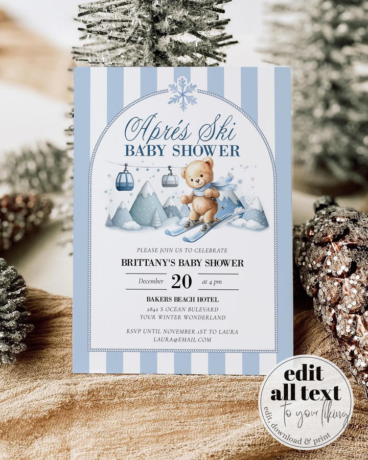 Après Ski Baby Shower Invitation, Teddy Bear on Skis, Blue Winter Mountains Editable Template #072 - TheLovebirdsDesign