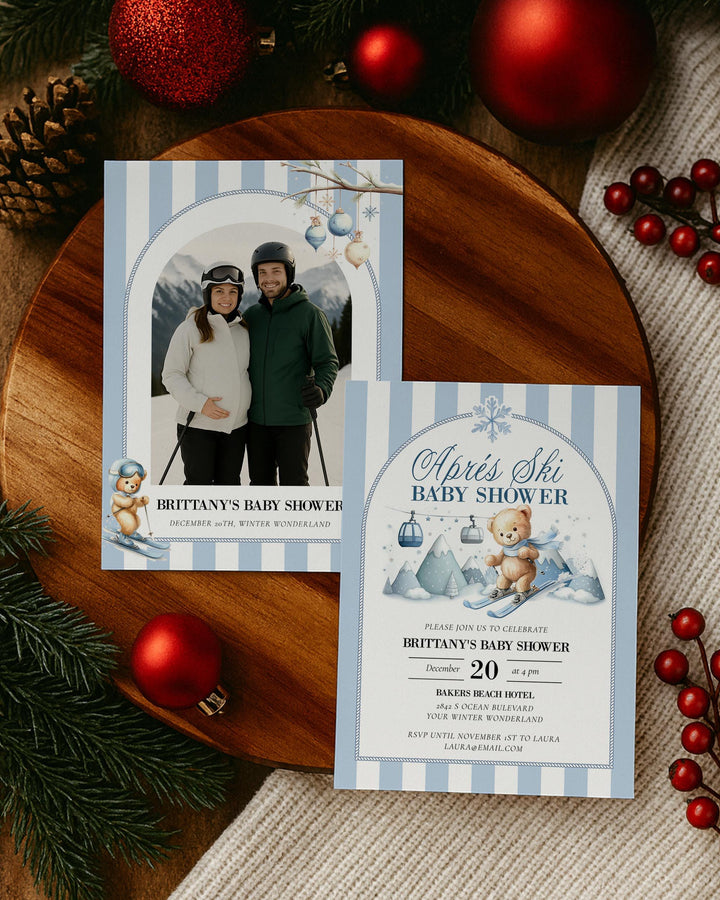 Après Ski Baby Shower Invitation, Teddy Bear on Skis, Blue Winter Mountains Editable Template #072 - TheLovebirdsDesign