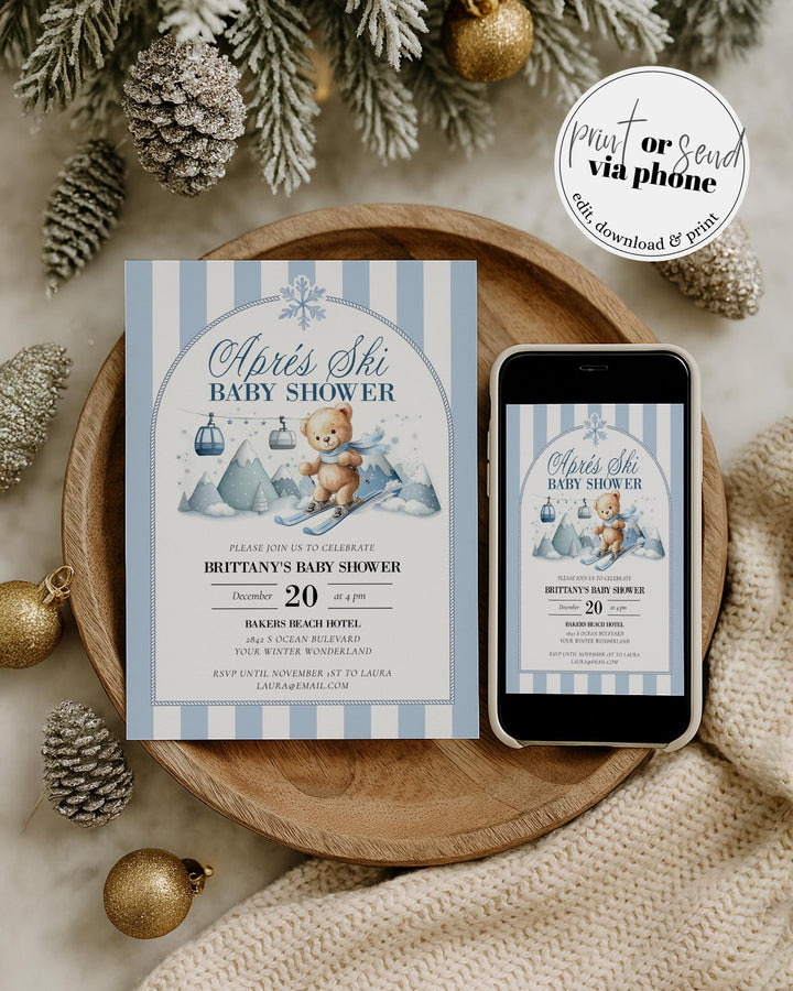 Après Ski Baby Shower Invitation, Teddy Bear on Skis, Blue Winter Mountains Editable Template #072 - TheLovebirdsDesign