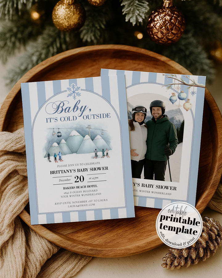 Baby It’s Cold Outside Baby Shower Invitation, Blue Ski Mountain Winter Theme, Editable Template #072 - TheLovebirdsDesign