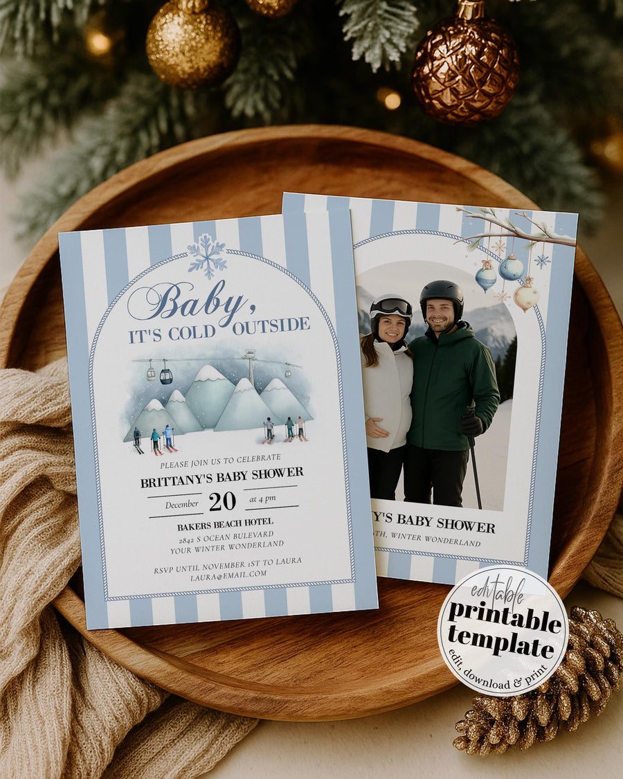 Baby It’s Cold Outside Baby Shower Invitation, Blue Ski Mountain Winter Theme, Editable Template #072 - marryful.org