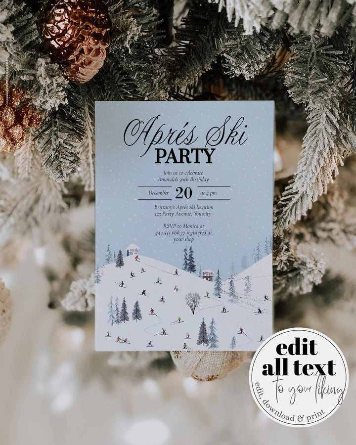 Après Ski Party Invitation, Winter Mountain Lodge Theme, Snowflake Blue Editable Template #072 - TheLovebirdsDesign