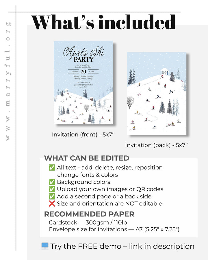 Après Ski Party Invitation, Winter Mountain Lodge Theme, Snowflake Blue Editable Template #072 - TheLovebirdsDesign