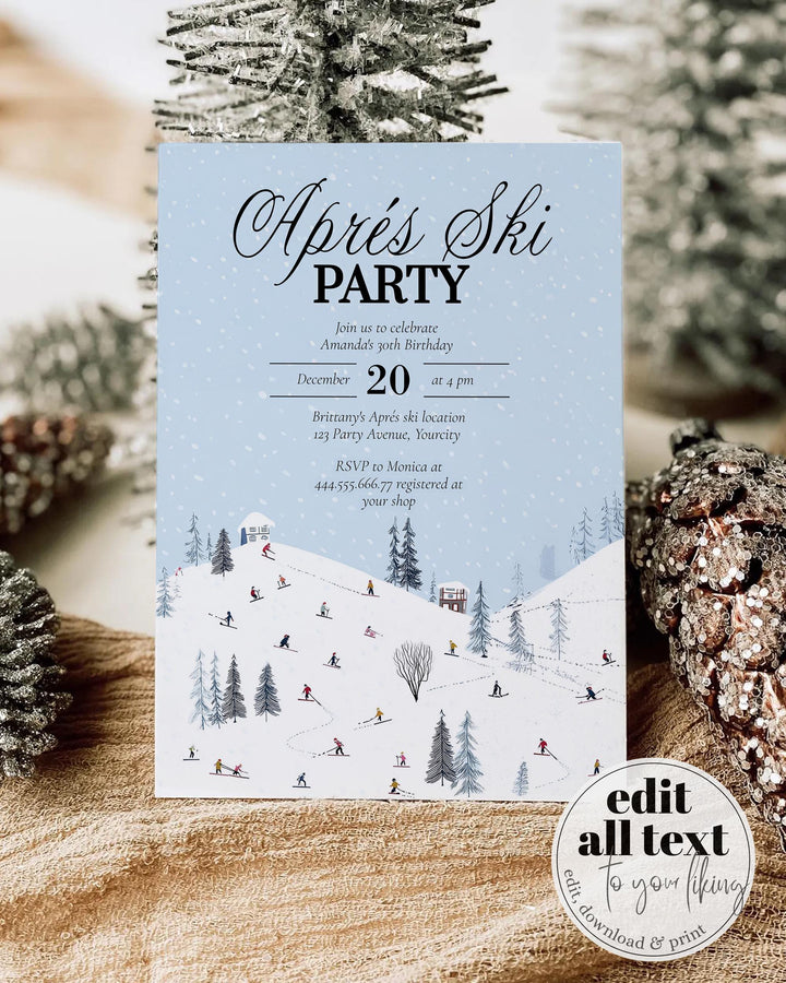 Après Ski Party Invitation, Winter Mountain Lodge Theme, Snowflake Blue Editable Template #072 - TheLovebirdsDesign