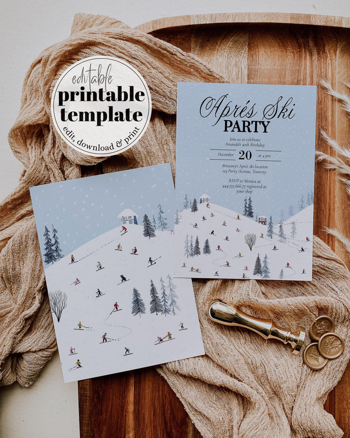 Après Ski Party Invitation, Winter Mountain Lodge Theme, Snowflake Blue Editable Template #072 - TheLovebirdsDesign