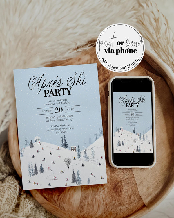 Après Ski Party Invitation, Winter Mountain Lodge Theme, Snowflake Blue Editable Template #072 - TheLovebirdsDesign
