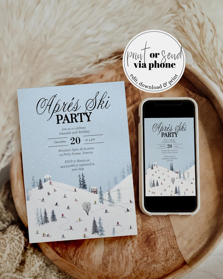 Après Ski Party Invitation, Winter Mountain Lodge Theme, Snowflake Blue Editable Template #072 - TheLovebirdsDesign