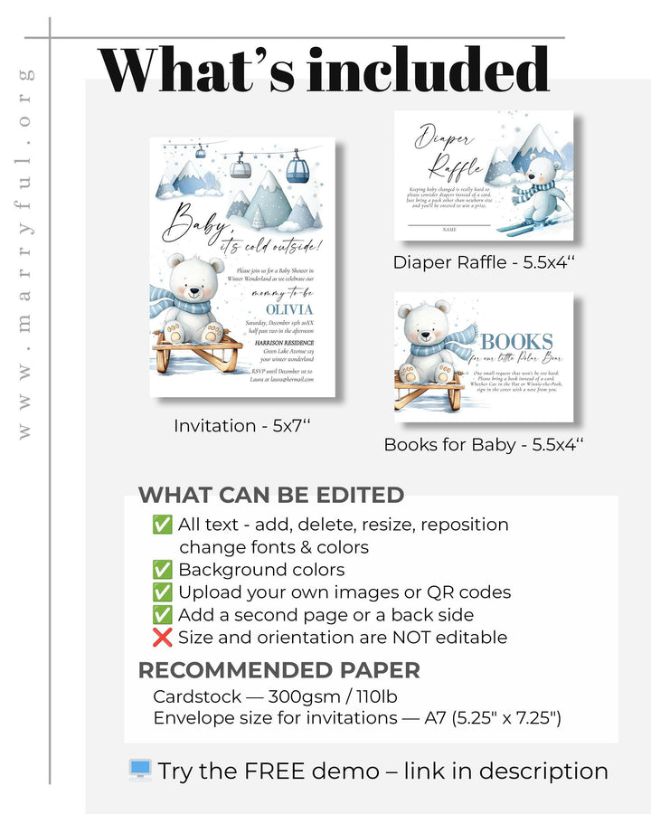 Baby It’s Cold Outside Baby Shower Invitation, Polar Bear Sled Winter Theme, Editable Template Set #072 - TheLovebirdsDesign