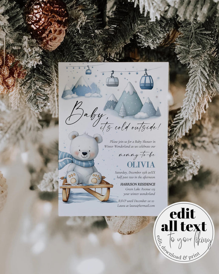 Baby It’s Cold Outside Baby Shower Invitation, Polar Bear Sled Winter Theme, Editable Template Set #072 - TheLovebirdsDesign