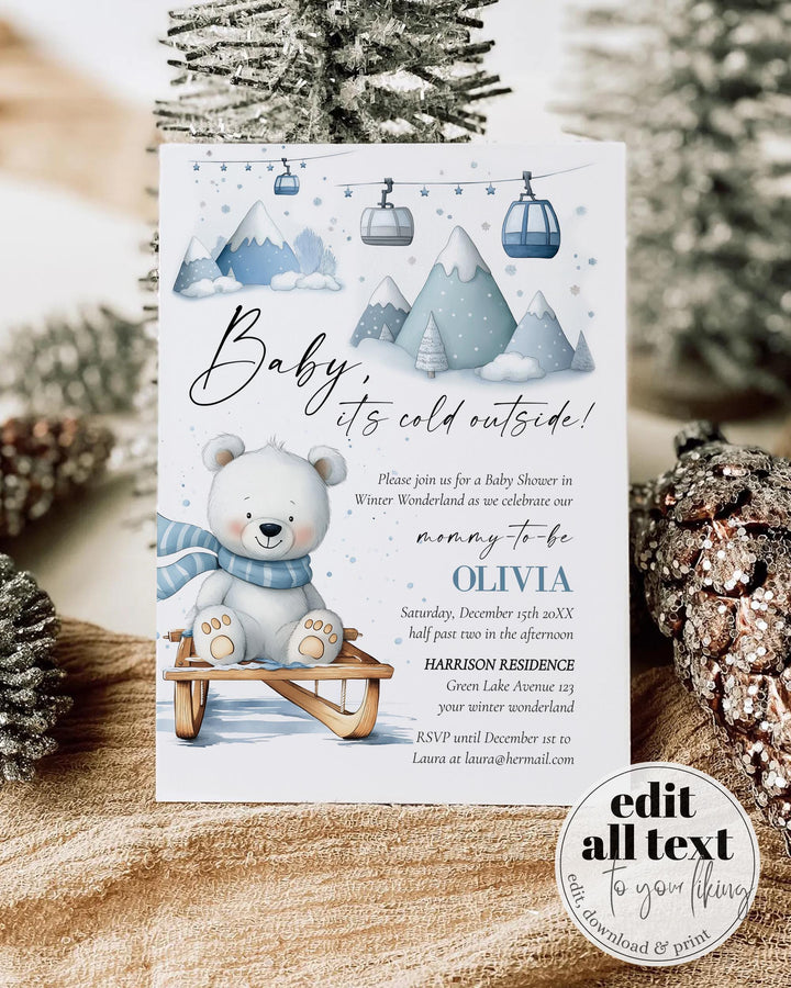 Baby It’s Cold Outside Baby Shower Invitation, Polar Bear Sled Winter Theme, Editable Template Set #072 - TheLovebirdsDesign