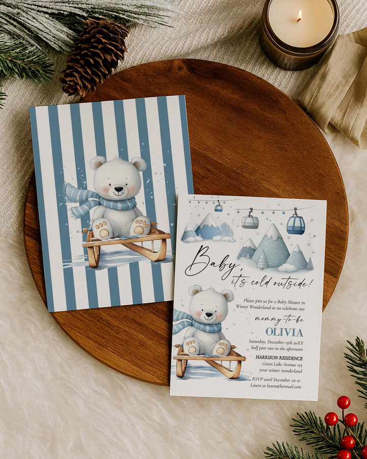 Baby It’s Cold Outside Baby Shower Invitation, Polar Bear Sled Winter Theme, Editable Template Set #072 - TheLovebirdsDesign