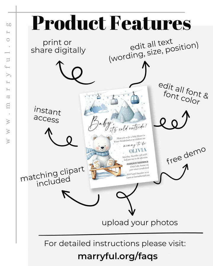 Baby It’s Cold Outside Baby Shower Invitation, Polar Bear Sled Winter Theme, Editable Template Set #072 - TheLovebirdsDesign