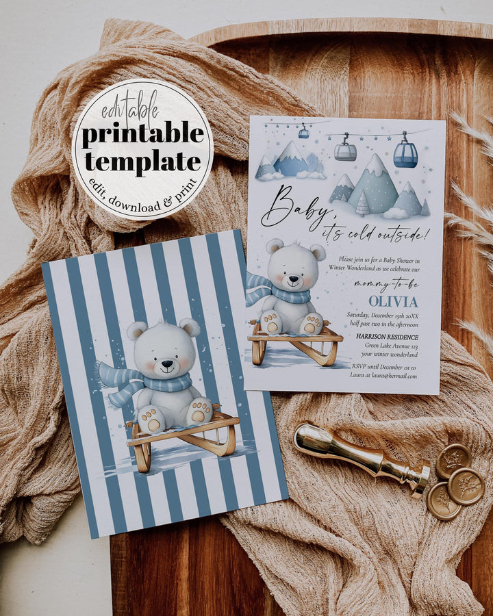 Baby It’s Cold Outside Baby Shower Invitation, Polar Bear Sled Winter Theme, Editable Template Set #072 - TheLovebirdsDesign