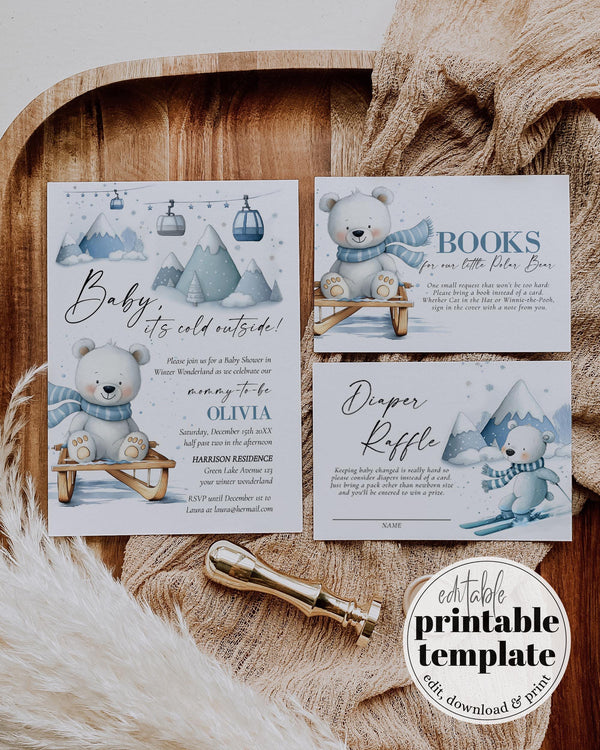 Baby It’s Cold Outside Baby Shower Invitation, Polar Bear Sled Winter Theme, Editable Template Set #072 - TheLovebirdsDesign