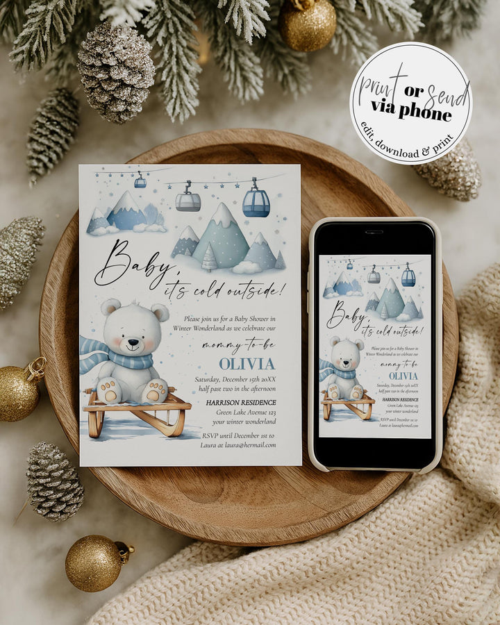 Baby It’s Cold Outside Baby Shower Invitation, Polar Bear Sled Winter Theme, Editable Template Set #072 - TheLovebirdsDesign