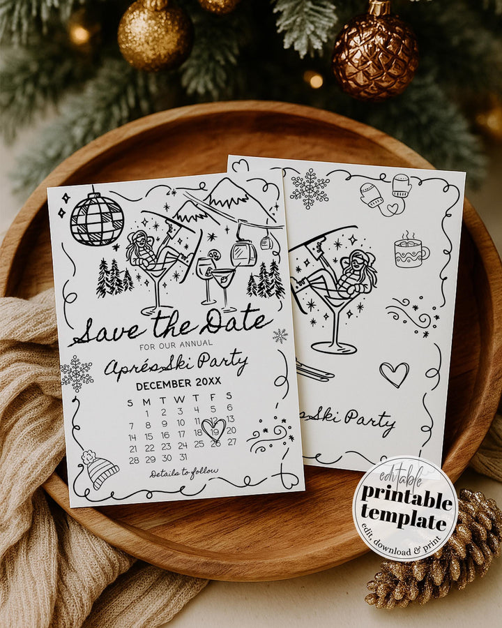 Après Ski Party Save the Date, Funky Doodle Martini Girl, Retro Winter Editable Template #070 - TheLovebirdsDesign
