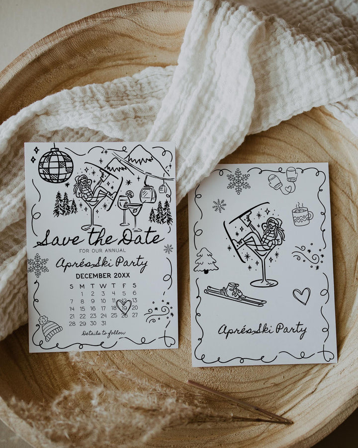 Après Ski Party Save the Date, Funky Doodle Martini Girl, Retro Winter Editable Template #070 - TheLovebirdsDesign