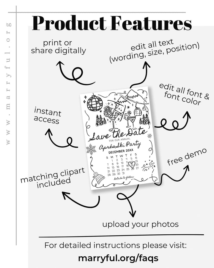 Après Ski Party Save the Date, Funky Doodle Martini Girl, Retro Winter Editable Template #070 - TheLovebirdsDesign