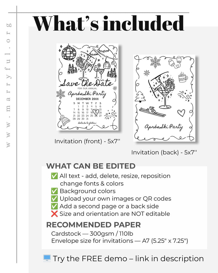 Après Ski Party Save the Date, Funky Doodle Martini Girl, Retro Winter Editable Template #070 - TheLovebirdsDesign