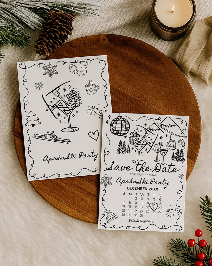 Après Ski Party Save the Date, Funky Doodle Martini Girl, Retro Winter Editable Template #070 - TheLovebirdsDesign