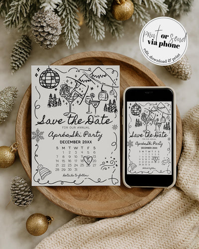 Après Ski Party Save the Date, Funky Doodle Martini Girl, Retro Winter Editable Template #070 - TheLovebirdsDesign