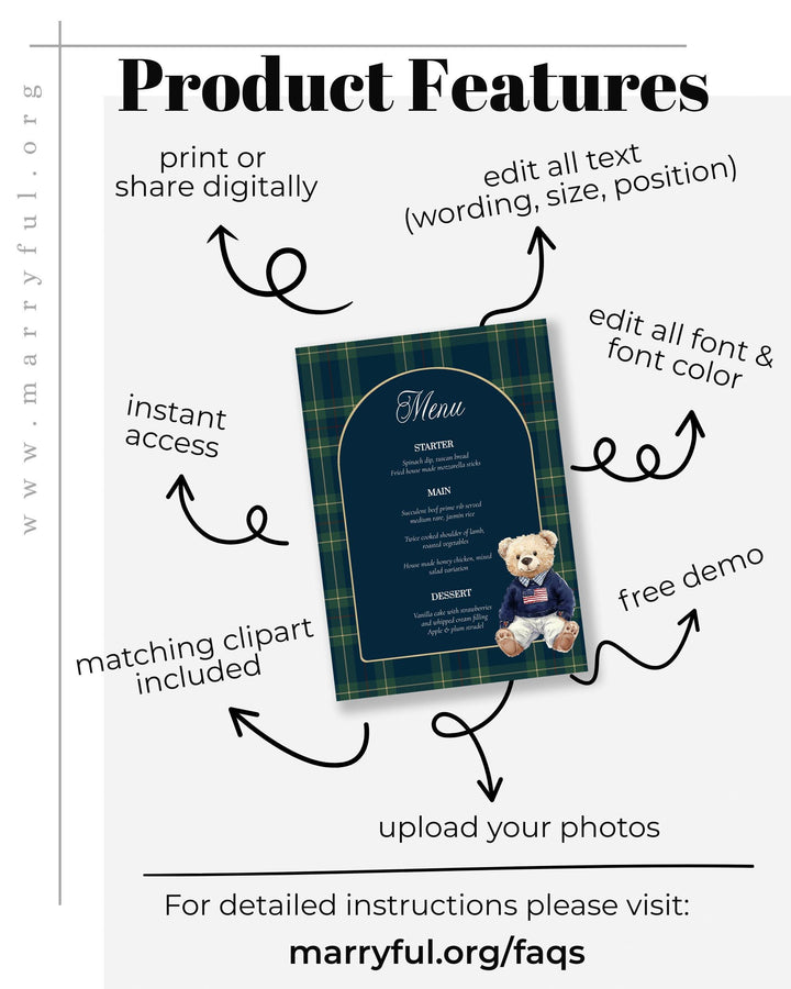 Polo Teddy Bear Menu Card Template, Vintage Navy Green Plaid Table Menu #068rl - TheLovebirdsDesign