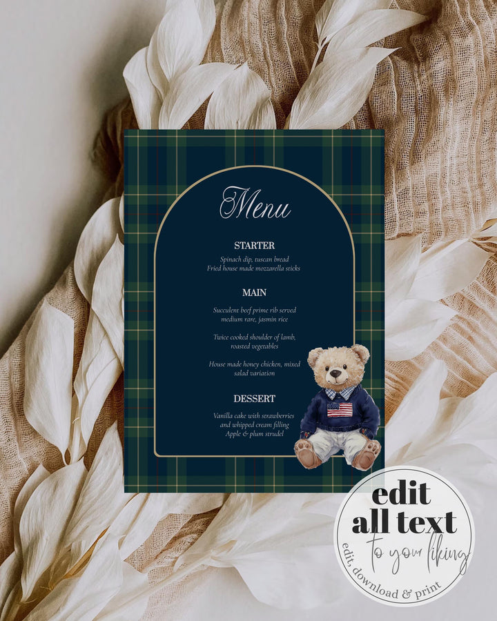 Polo Teddy Bear Menu Card Template, Vintage Navy Green Plaid Table Menu #068rl - TheLovebirdsDesign