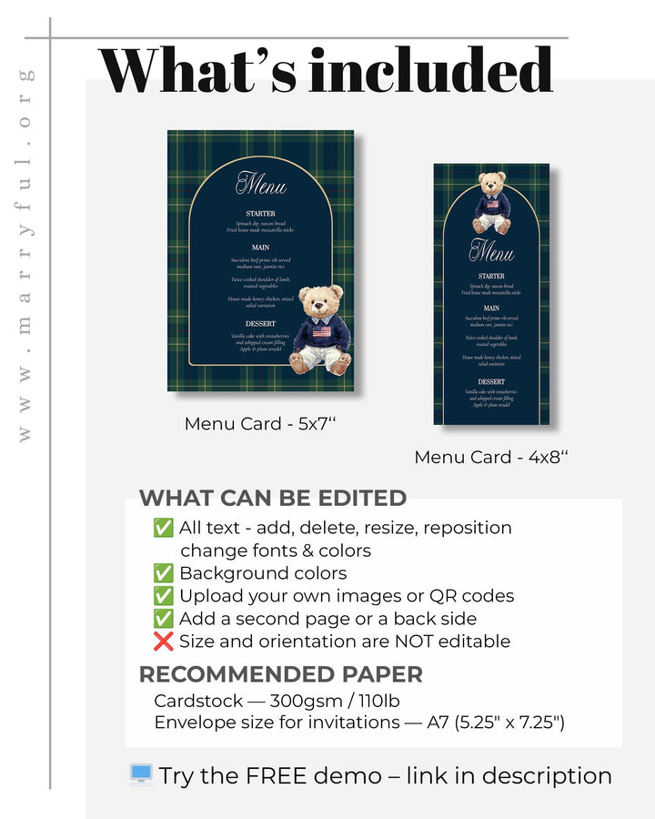 Polo Teddy Bear Menu Card Template, Vintage Navy Green Plaid Table Menu #068rl - TheLovebirdsDesign
