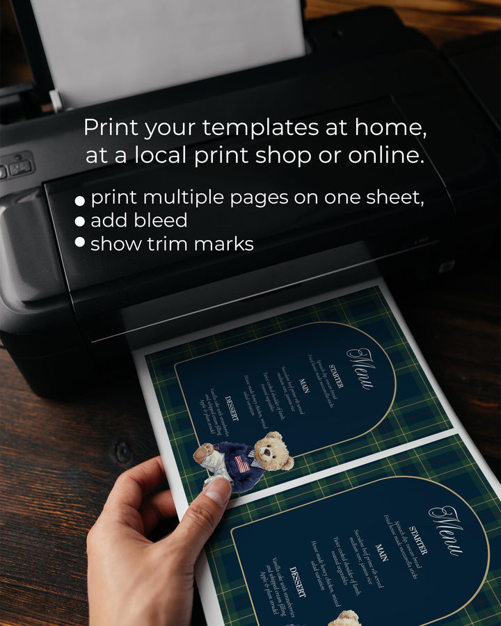 Polo Teddy Bear Menu Card Template, Vintage Navy Green Plaid Table Menu #068rl - TheLovebirdsDesign