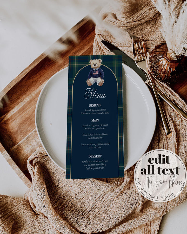 Polo Teddy Bear Menu Card Template, Vintage Navy Green Plaid Table Menu #068rl - TheLovebirdsDesign