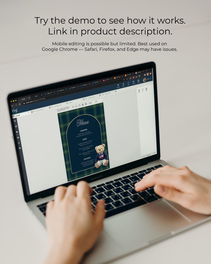 Polo Teddy Bear Menu Card Template, Vintage Navy Green Plaid Table Menu #068rl - TheLovebirdsDesign