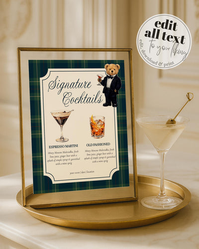 Polo Teddy Bear Bar Menu Sign Template, Signature Cocktail Party Printable #068rl - TheLovebirdsDesign