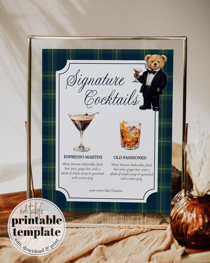 Polo Teddy Bear Bar Menu Sign Template, Signature Cocktail Party Printable #068rl - TheLovebirdsDesign
