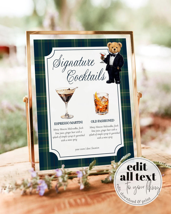 Polo Teddy Bear Bar Menu Sign Template, Signature Cocktail Party Printable #068rl - TheLovebirdsDesign