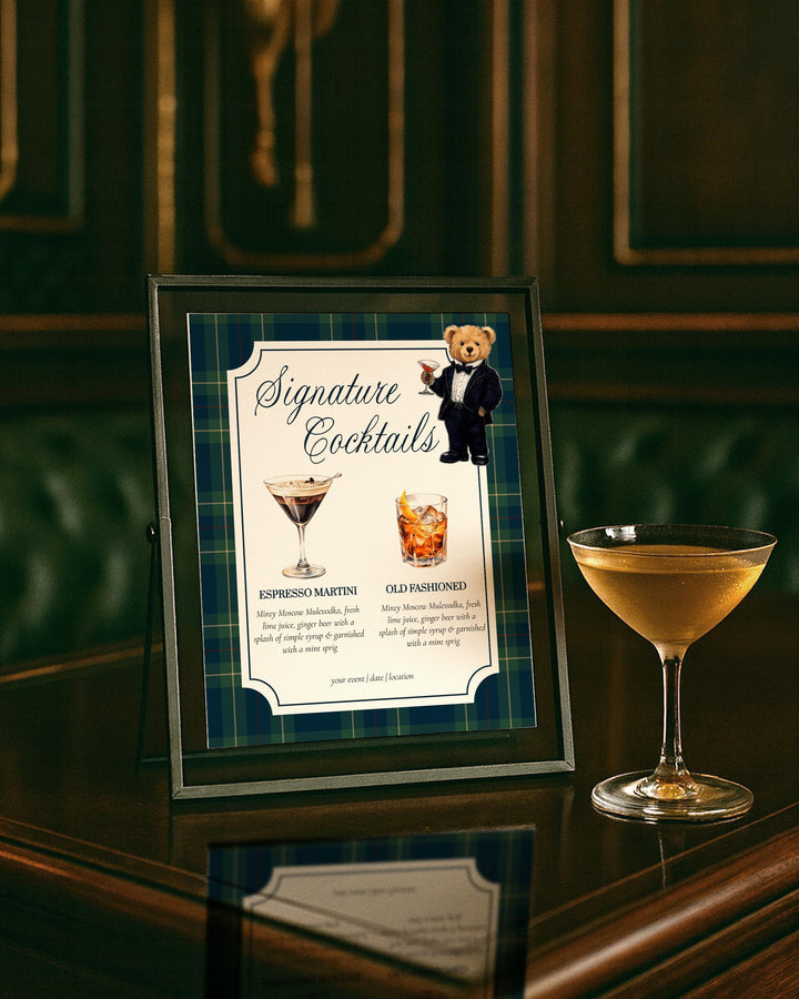 Polo Teddy Bear Bar Menu Sign Template, Signature Cocktail Party Printable #068rl - TheLovebirdsDesign