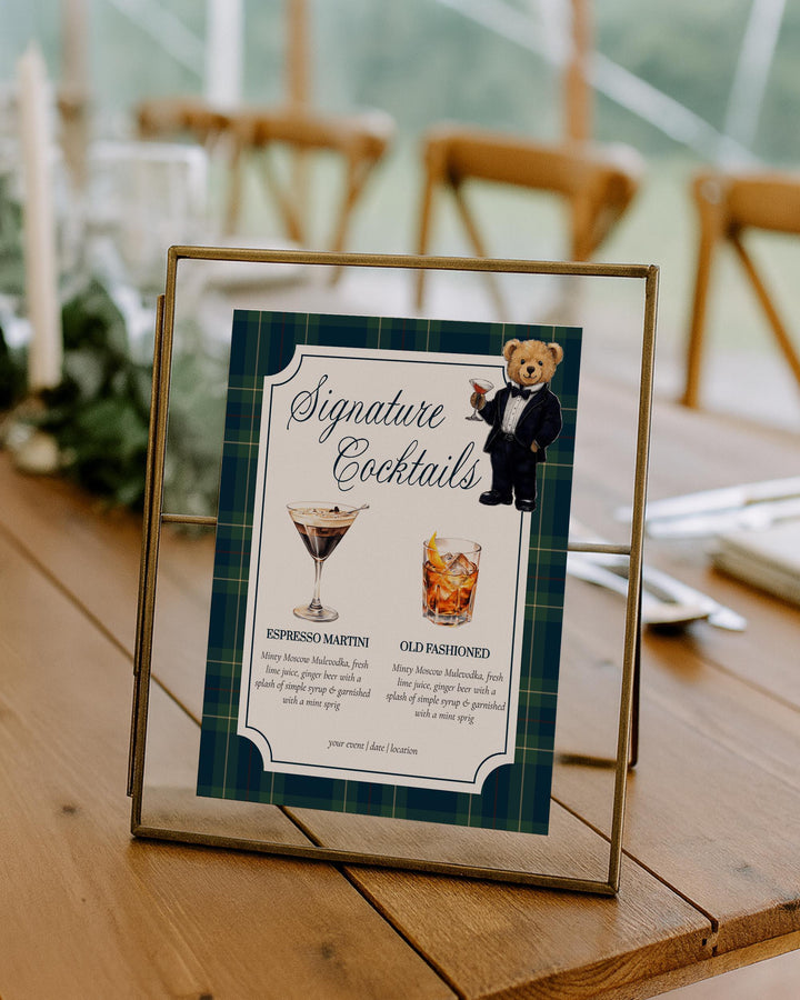 Polo Teddy Bear Bar Menu Sign Template, Signature Cocktail Party Printable #068rl - TheLovebirdsDesign